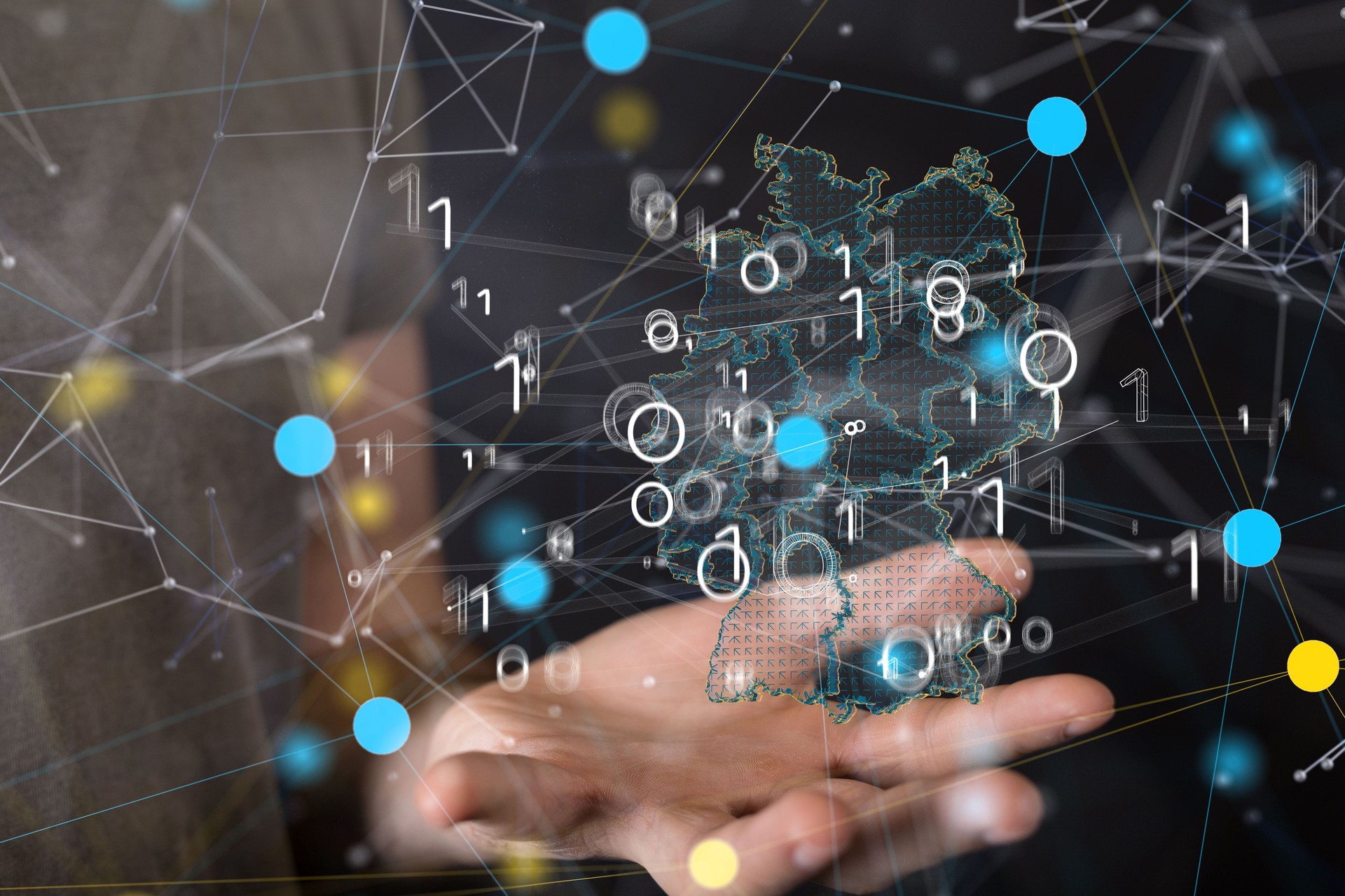 Futuristic illustration of the data information in the hand's of the person